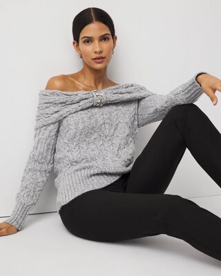 Off-The-Shoulder Rhinestone Cable Knit Sweater | White House Black